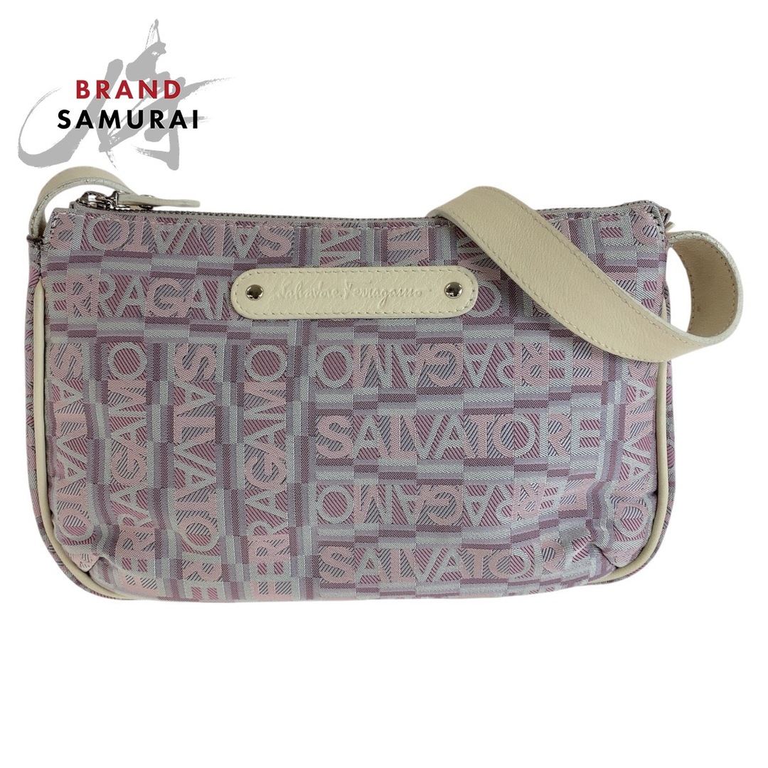 Salvatore Ferragamo - Salvatore Ferragamo サルヴァトーレフェラガモ パープル ピンク ホワイト シルバー金具 キャンバス /レザー 斜め掛け ショルダーバッグ ポシェット レディース 409196 【中古】