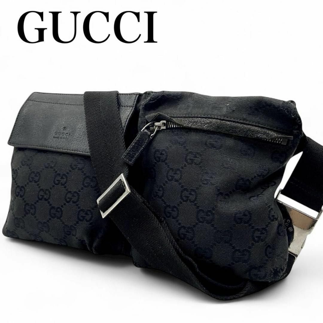 GUCCI - GUCCI ウエストバッグ GG柄 キャンバス レザー ブラック GUCCI - GUCCI ウエストバッグ GG柄 キャンバス レザー ブラック
