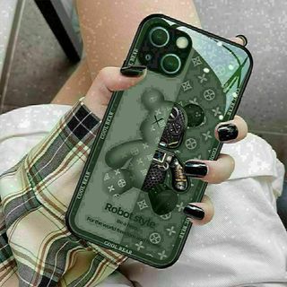 新カラー　iPhone16 15　携帯ケース　強化ガラス　高級感クマ　グリーン(iPhoneケース)