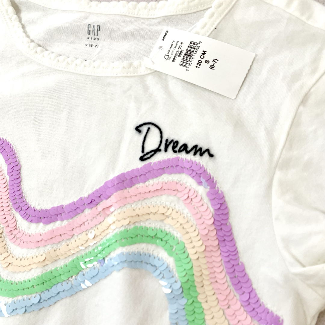 GAP Kids(ギャップキッズ)の新品 GAP スパンコール　半袖　デニム　ドッキングワンピース　レインボー キッズ/ベビー/マタニティのキッズ服女の子用(90cm~)(ワンピース)の商品写真