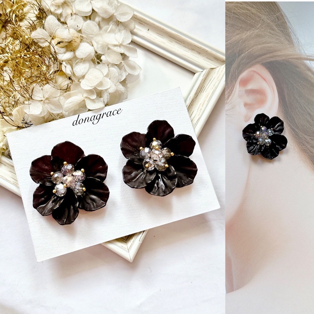 [ALDO] Flowerdazzle フラワー ピアス イヤリング ブラック flower ピアスorイヤリング | s-handmadeSTORE