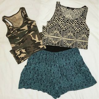 タンクトップ ショートパンツ 3点セット 迷彩 エスニック柄 総柄 フレア(セット/コーデ)