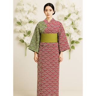 浴衣 単品 女性用 日本製 半身仕立て 綿 えんじ色×緑色 NO42154(浴衣)