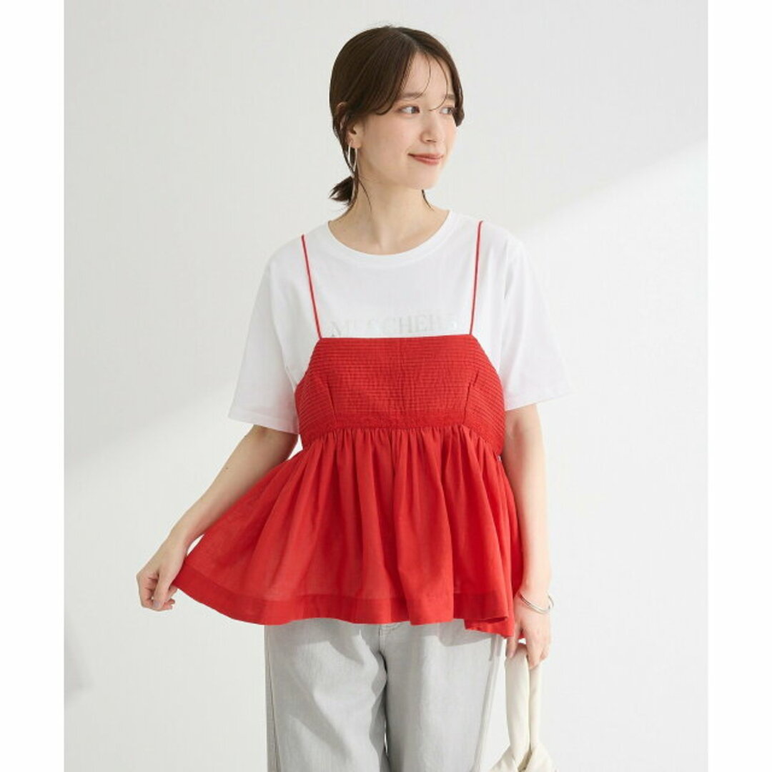 green parks(グリーンパークス)の【レッド】インド綿 ピンタックレースビスチェ レディースのトップス(キャミソール)の商品写真