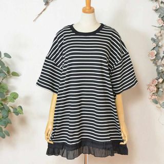 L~LL 大きいサイズ 裾フリル ボーダー チュニック レディース/ブラック(チュニック)