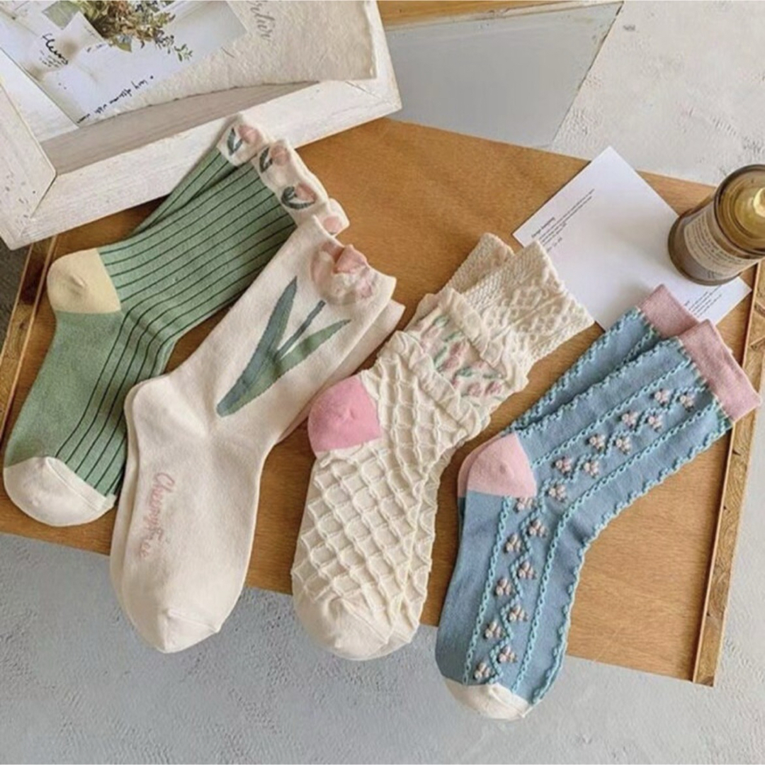 韓国 靴下 花柄ソックス セット まとめ売り4足セット 夏ソックス レディースのレッグウェア(ソックス)の商品写真