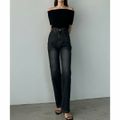 【ブラック】【XL】Louere ハイウエストストレートデニム