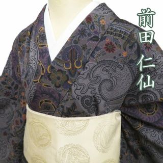特選 小紋 着物 中古 リサイクル 正絹 袷 カジュアル 友禅師 前田仁仙 花鳥模様 煤色 多色 身丈160.5cm 裄66.5cm M きもの北條 A1194-2(着物)