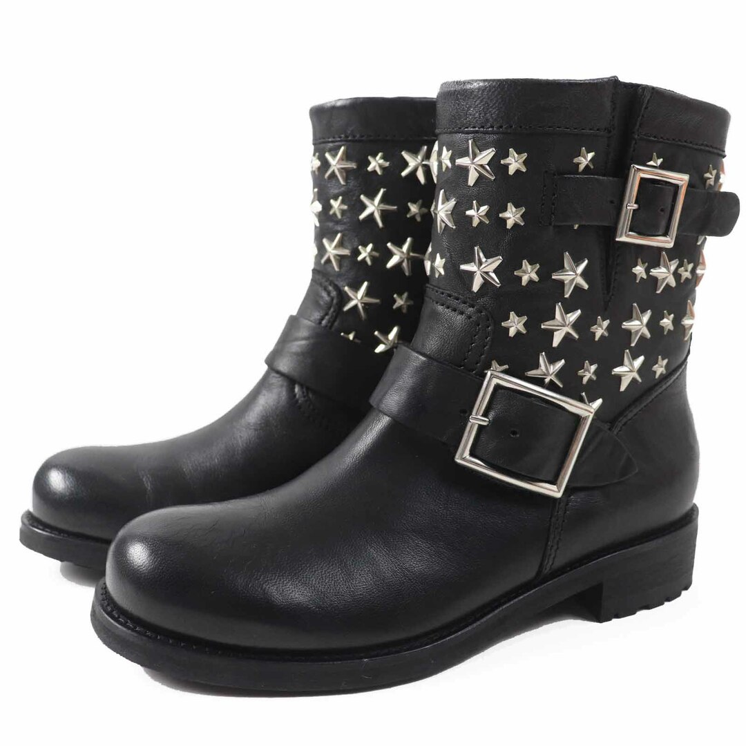 JIMMY CHOO - 極美品◎JIMMY CHOO ジミーチュウ JAPAN EXCLUSIVE EDITION 日本限定 スタースタッズ レザー バイカーブーツ ブラック シルバー金具 36.5 箱・保存袋付き イタリア製 レディース