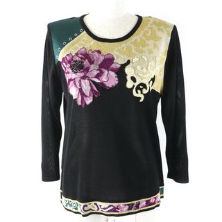 極美品△LEONARD FASHION レオナール ファッション シルク混 ラインストーン・ビーズ装飾 フラワーモチーフ ロゴ刺繍 八分袖 ニット ブラック マルチカラー LL 正規品 レディース(ニット/セーター)