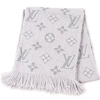 LOUIS VUITTON - 良品□LOUIS VUITTON ルイヴィトン M74742 エシャルプ・ロゴマニア ウール シルク モノグラム フリンジマフラー グリペルル イタリア製 正規品 メンズ