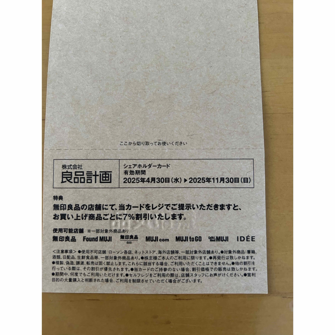 MUJI (無印良品)(ムジルシリョウヒン)の良品計画株主優待シェアホルダーカード チケットの優待券/割引券(ショッピング)の商品写真