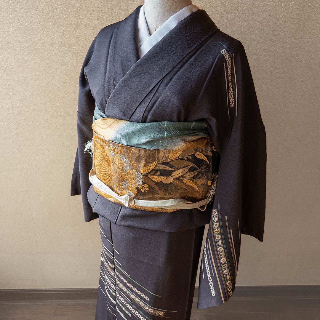 着物　小紋　チャコールグレー　シルク　合わせ