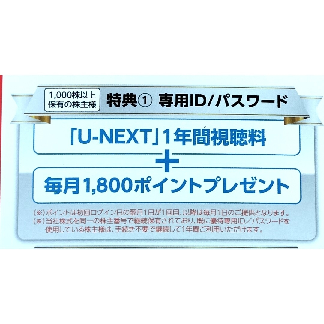U-NEXT 株主優待 「U-NEXT 1年間視聴料 + 毎月1800ポイント チケットの優待券/割引券(その他)の商品写真