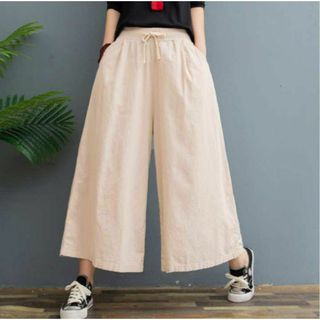 ワイドパンツ 綿麻 パンツ ゆったり ボトムス【ベージュ】(カジュアルパンツ)