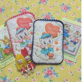 🆕SweetRushのレトロ可愛い猫ちゃんのふわふわポーチ(blue💙)(ポーチ)
