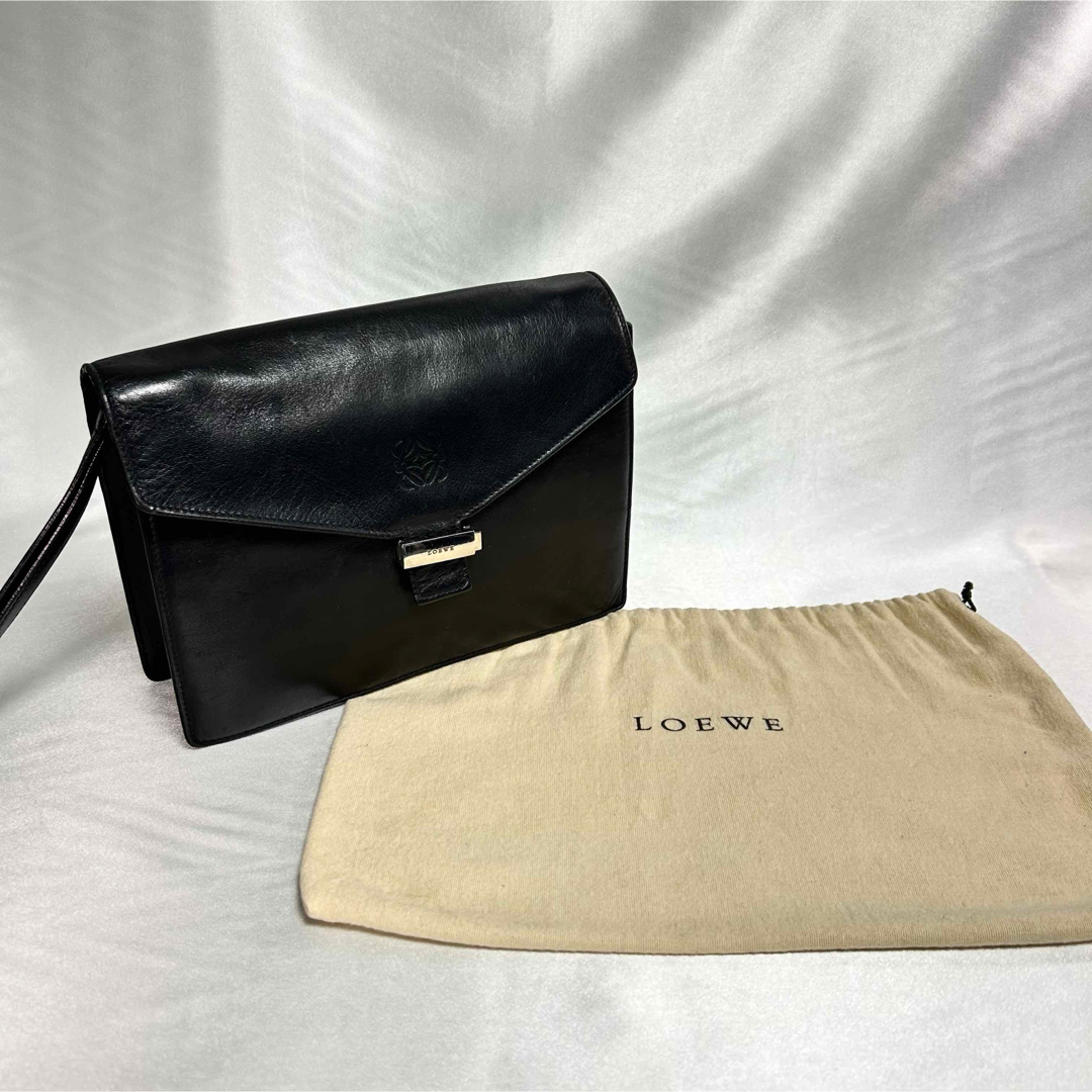 LOEWE アナグラム レザークラッチバッグ スペイン製 ロエベ ロゴ ブラック LOEWE - LOEWE アナグラム レザークラッチバッグ スペイン製