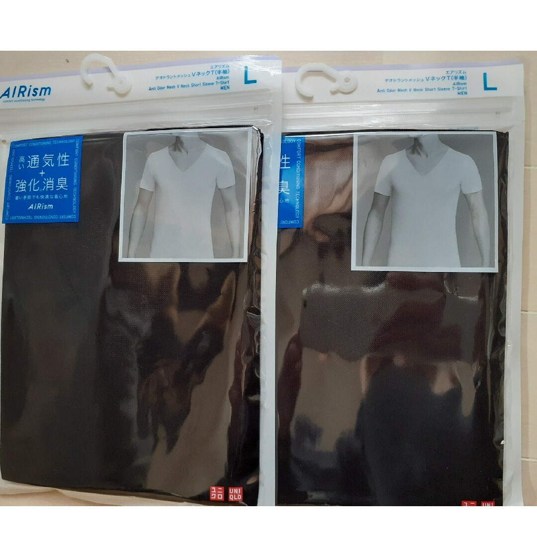UNIQLO(ユニクロ)のユニクロ エアリズム L デオドラントメッシュ Vネック 黒 半袖 2枚セット メンズのトップス(Tシャツ/カットソー(半袖/袖なし))の商品写真