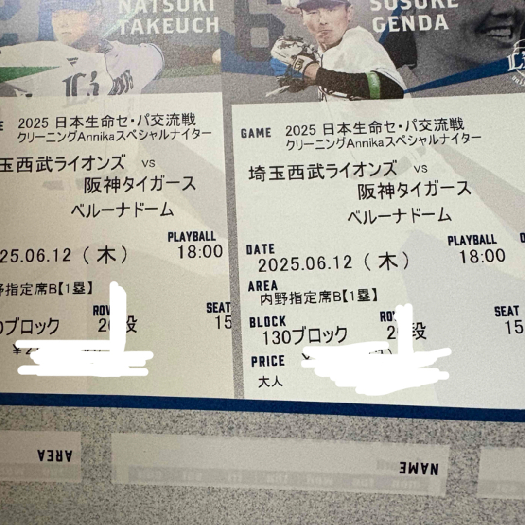 ライオンズ 対 タイガース 6月12日 ベルーナドーム 2枚 チケットのスポーツ(野球)の商品写真