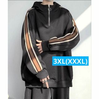 フード付き　黒パーカー ストライプデザイン　3XL　ストリート　オーバーサイズ(パーカー)
