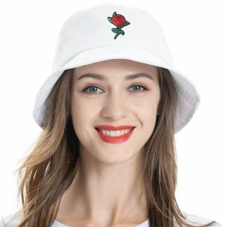 バケットハット ホワイト ローズ バケハ 折りたためる　紫外線対策 男女兼用(ハット)