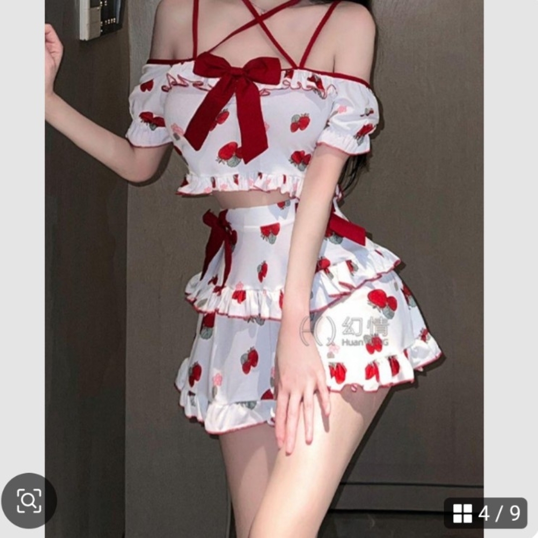 新品 いちごリボンオフショルダー ルームウェアセットアップストロベリーコスプレ レディースのルームウェア/パジャマ(ルームウェア)の商品写真