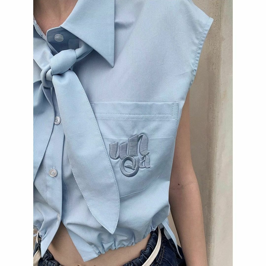 F i.n.t(フィント)のuena リボンタイ ノースリーブ トップス ショート丈 ドロスト ブルー レディースのトップス(Tシャツ(半袖/袖なし))の商品写真