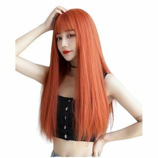【色:オレンジ】ウィッグ ロング ストレート かつら フルウィッグ 自然 コスプ(その他)