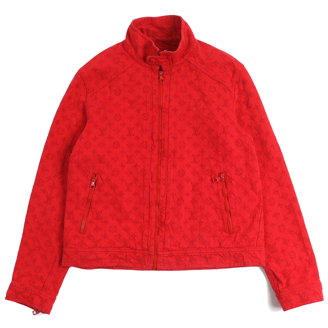 LOUIS VUITTON - 美品△LOUIS VUITTON ルイヴィトン 19AW コットン100％ モノグラム スタンドカラー ジップアップ デニムジャケット レッド 52 フランス製 正規品 メンズ
