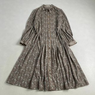 ヴィンテージ　ロングワンピース　ボウタイ　花柄　プリーツ　金ボタン　レトロ