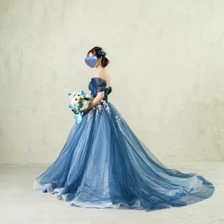 実例写真！カラードレス ネイビー 咲き誇る透け花レースキラキラグリッターチュール(ウェディングドレス)