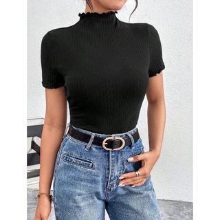 新品　リブニット　半袖　Tシャツ　フリル　無地　ブラック　夏　ギャル　きれいめ(Tシャツ(半袖/袖なし))