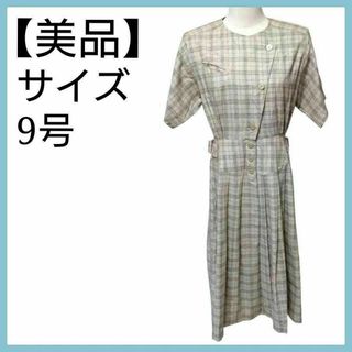 美品 ワンピース チェック柄 半袖 ノーカラー ワンピース ひざ丈スカート(ロングワンピース/マキシワンピース)