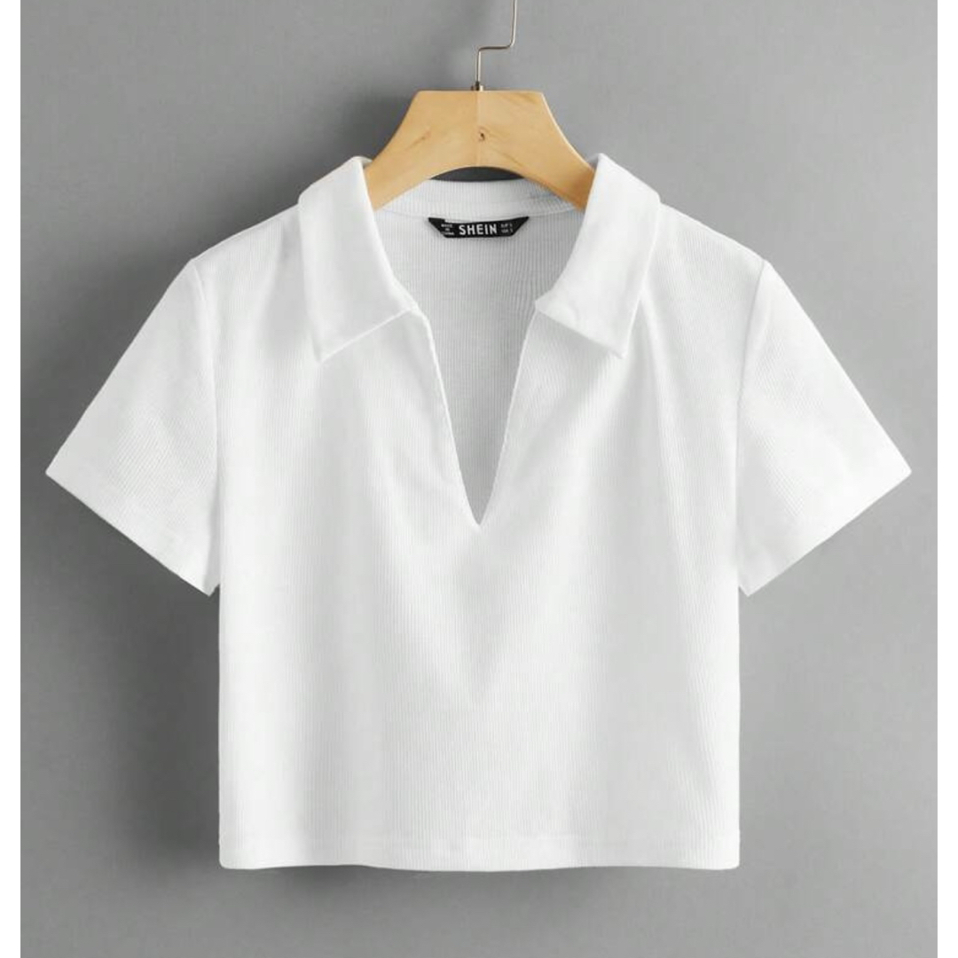 SHEIN(シーイン)のSHEIN 半袖クロップドトップス Vネック ホワイト S レディースのトップス(Tシャツ(半袖/袖なし))の商品写真