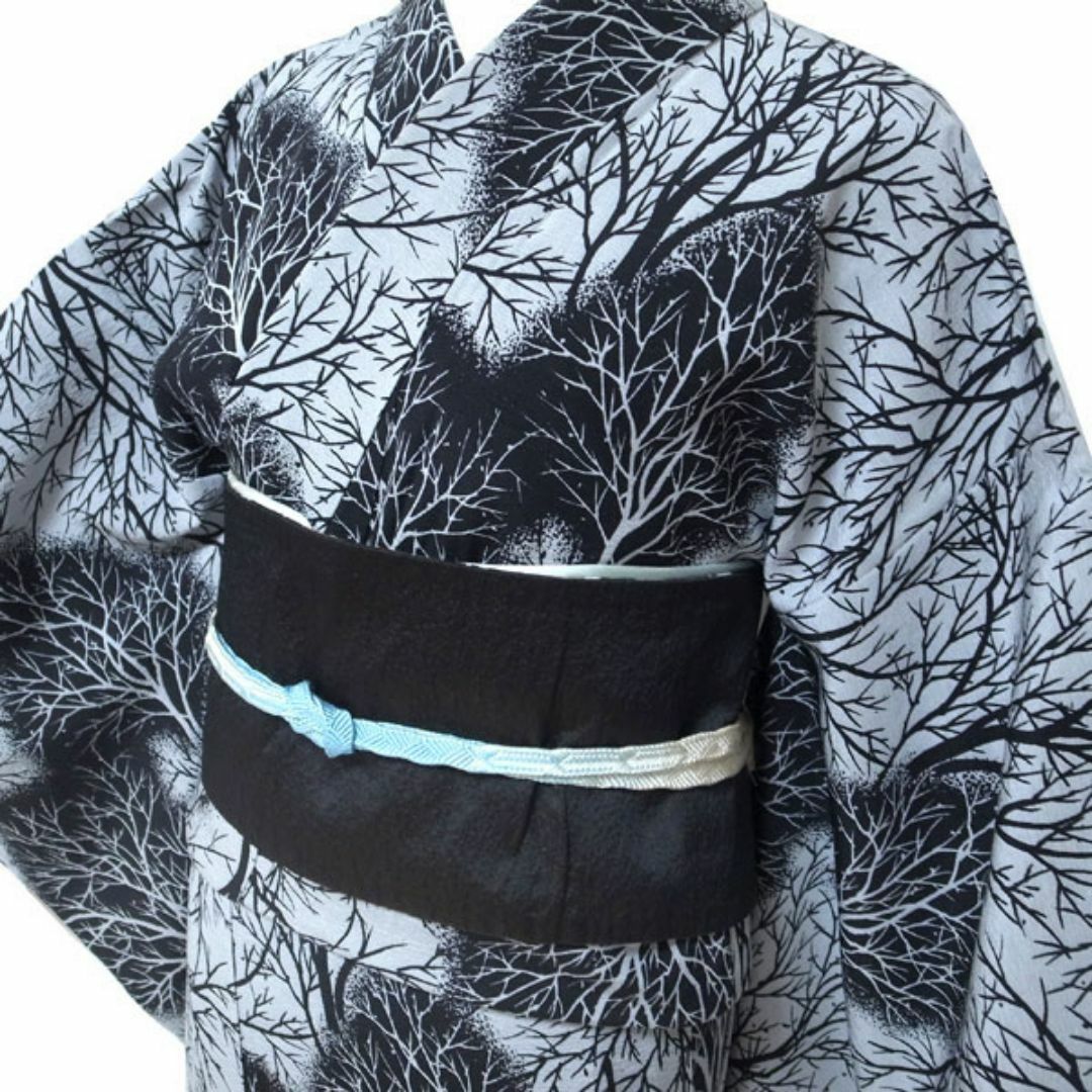 小紋 春秋の単衣 グレー 黒 立木 上質な染め 裄67 L 中古
