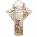 訪問着 着物 中古 正絹 袷 フォーマル 花の図 松竹梅 流水に筏 几帳 地模様 薄卵色 多色 金 身丈161cm 裄68cm M きもの北條 A1199-3