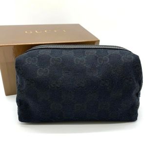 グッチ(GUCCI)の【中美品】GUCCI グッチ 29595 ポーチ コスメポーチ 小物入れ ブラック 黒 GGキャンバス レザー レディース ファッション 箱付き USED 【中古】(ポーチ)