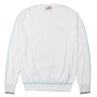 エルメス(HERMES)の極美品▼HERMES エルメス 23SS コットン100% レイヤードデザイン クルーネック ハイゲージニット セーター ホワイト ブルー グレー S イタリア製 正規品 メンズ(ニット/セーター)