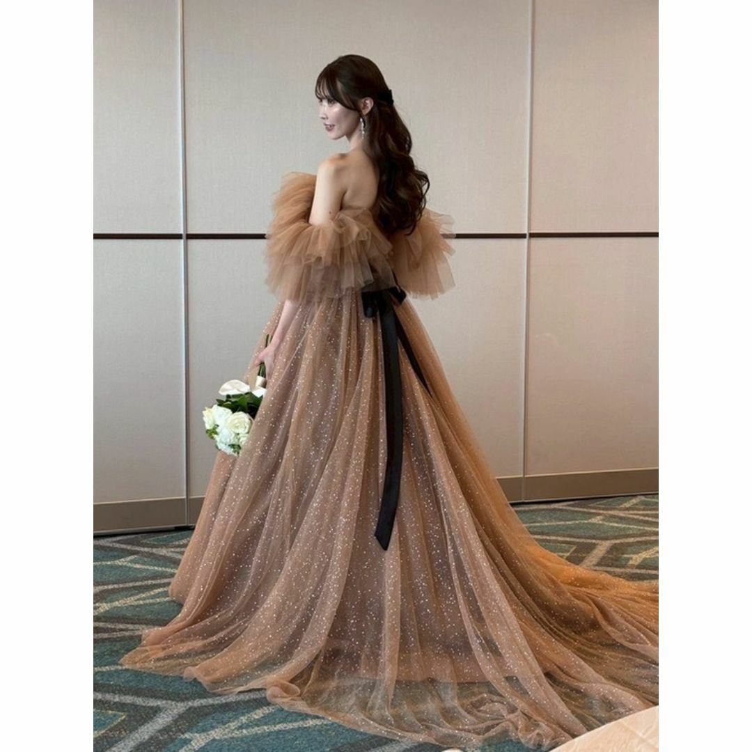 実例写真！オフショルダー シャンパン色 キラキラチュール サッシュベルト結婚式
