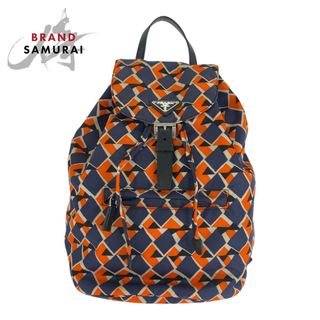 プラダ(PRADA)の美品 PRADA プラダ テスート 三角ロゴプレート オレンジ ネイビー シルバー金具 ナイロン /レザー リュック バックパック レディース 503106 【中古】(リュック/バックパック)