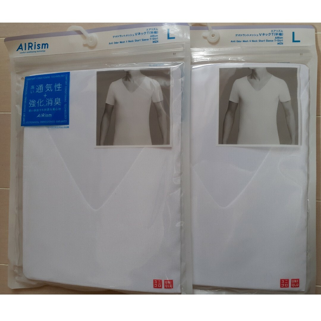 UNIQLO(ユニクロ)のユニクロ エアリズム L デオドラントメッシュ Vネック 白 半袖 2枚セット メンズのトップス(Tシャツ/カットソー(半袖/袖なし))の商品写真