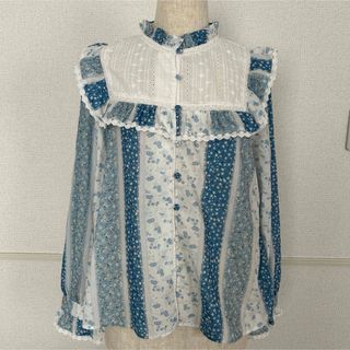 Simple Retro シンプルレトロ 花柄 ブラウス フリル レース L(シャツ/ブラウス(長袖/七分))