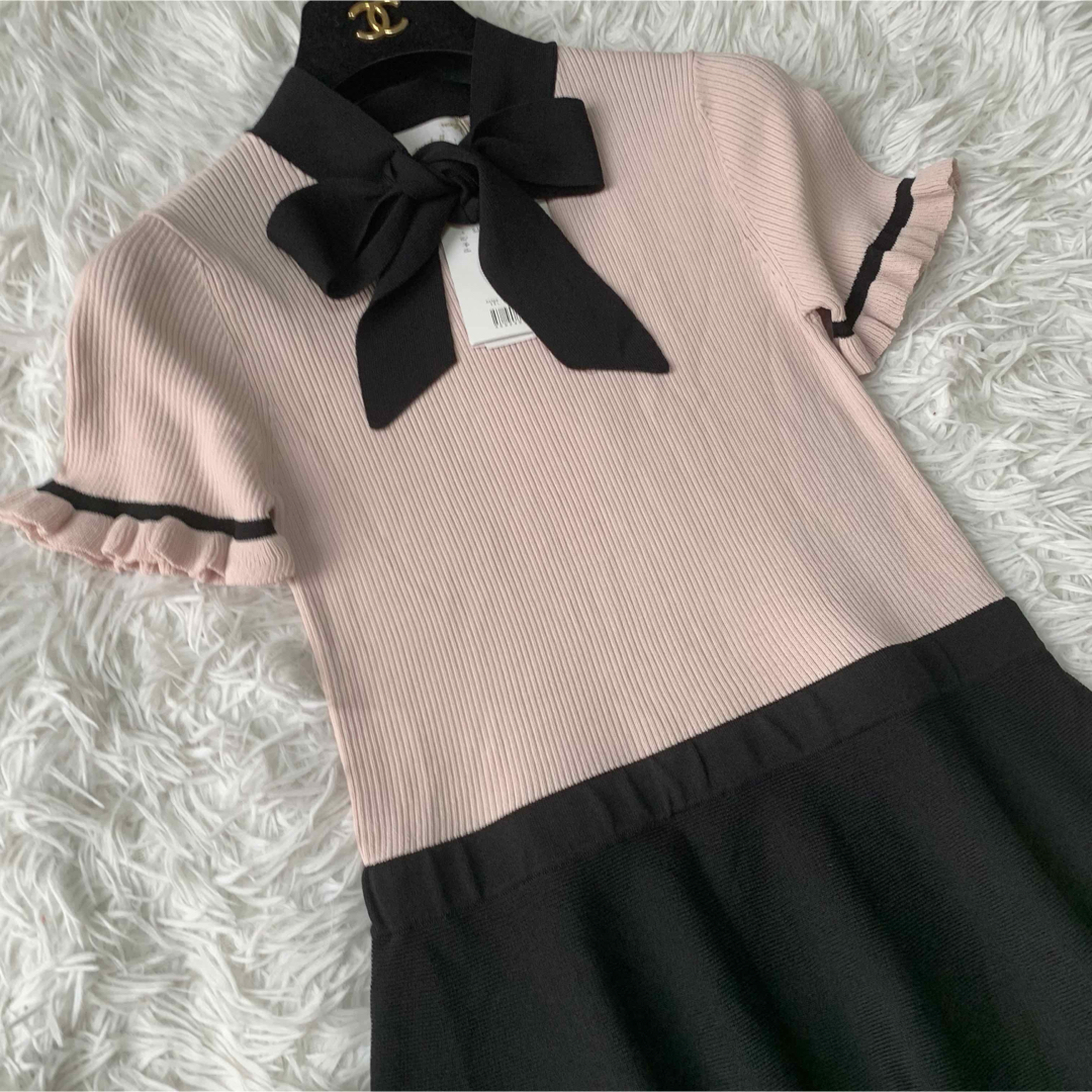 michellMacaron(ミシェルマカロン)のmichell Macaron ボウタイ 半袖ニットワンピース ミニ 未使用 レディースのワンピース(ミニワンピース)の商品写真