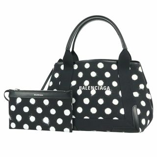 バレンシアガ(BALENCIAGA)のバレンシアガ ネイビーカバ スモール ドット 水玉 ブラック ホワイト コットンキャンバス カーフレザー ハンドバッグ トートバッグ ポーチ付き 美品 1145(トートバッグ)