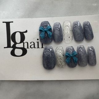 【匿名発送】ネイルチップ ニュアンス インク秋　チェック　推し　リボンno.78 匿名発送】ネイルチップ ニュアンス インク秋 チェック 推し