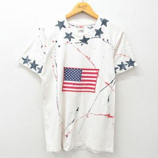 ヘインズ(Hanes)のM★古着 ヘインズ Hanes 半袖 ビンテージ Tシャツ メンズ 80年代 80s 星条旗 ハンドペイント コットン クルーネック USA製 白 ホワイト 25may29 中古(Tシャツ/カットソー(半袖/袖なし))
