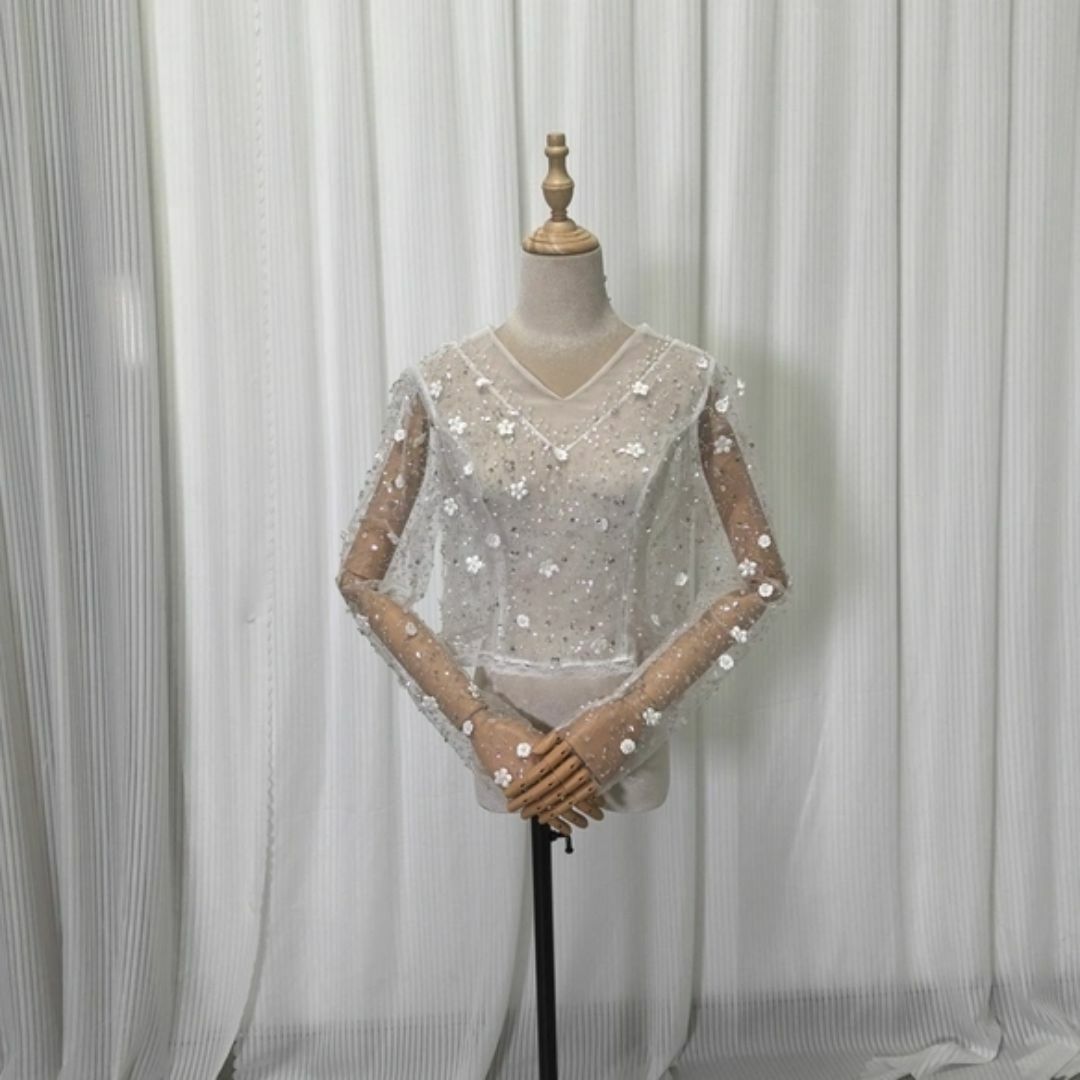 送料無料！ボレロ ウエディングドレス ロングスリーブ3D立体レース刺繍花嫁