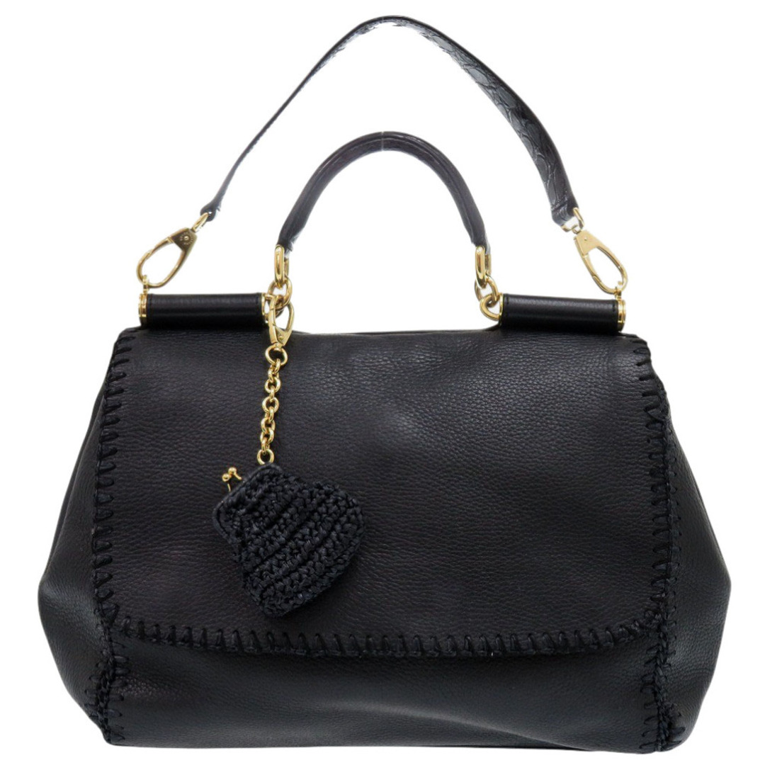 DOLCE&GABBANA(ドルチェアンドガッバーナ)のドルチェアンドガッバーナ 2WAY がま口チャーム付 シシリー レザー/クロコダイル ブラック ハンドバッグ 黒 0444【中古】DOLCE&GABBANA レディースのバッグ(ハンドバッグ)の商品写真