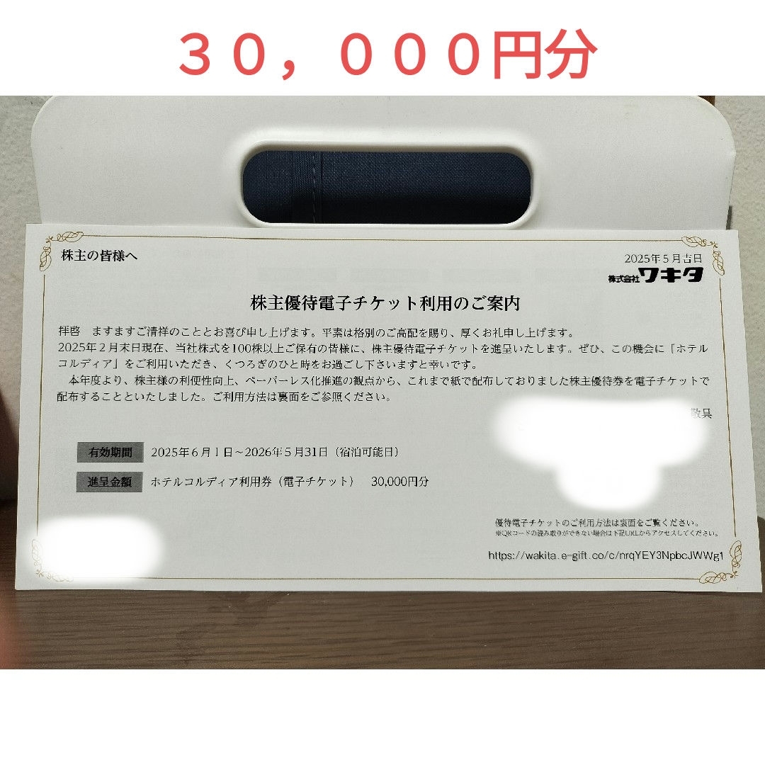 ワキタ 株主優待券 ホテルコルディア利用券(電子チケット)30000円分 チケットの優待券/割引券(宿泊券)の商品写真