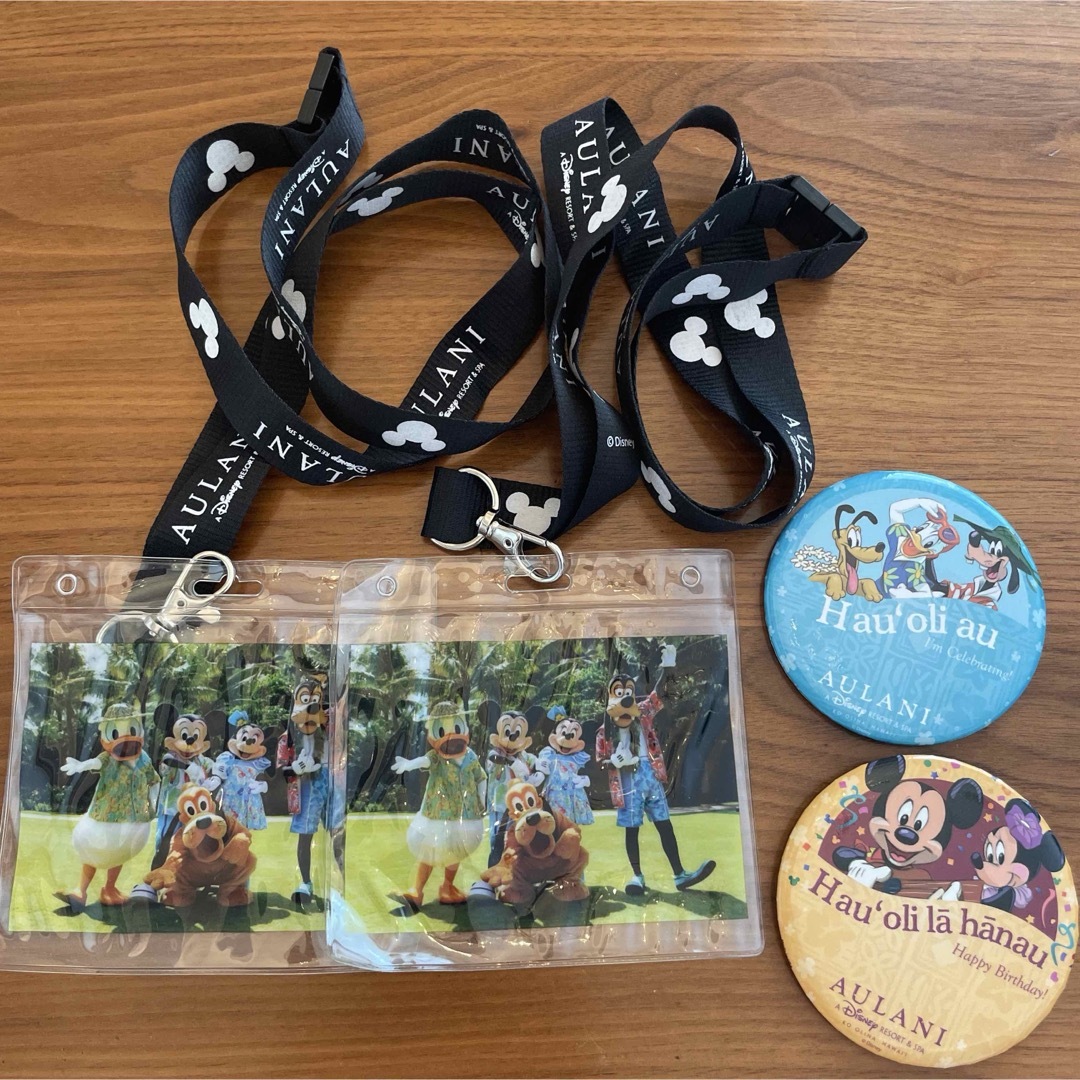 Disney(ディズニー)のAULANI ディズニー限定!ストラップパスケース2つと缶バッジ2個の4点セット エンタメ/ホビーのおもちゃ/ぬいぐるみ(キャラクターグッズ)の商品写真